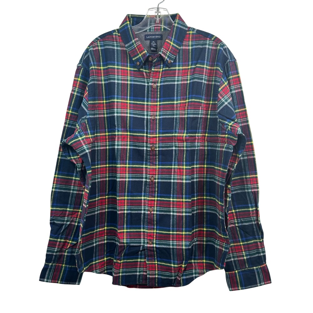 Lands End Mens Flagship Flannel Plaid Shirt Navy Multi XL 17 17..5 Tailored Fit
